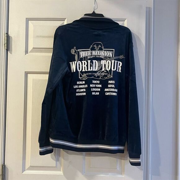True Religion Men's Varsity Jacket Size S Blue Full Zip Casual velour - Picture 8 of 9